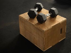 Pair of hex dumbbells on a wooden plyo box in a gym setting.